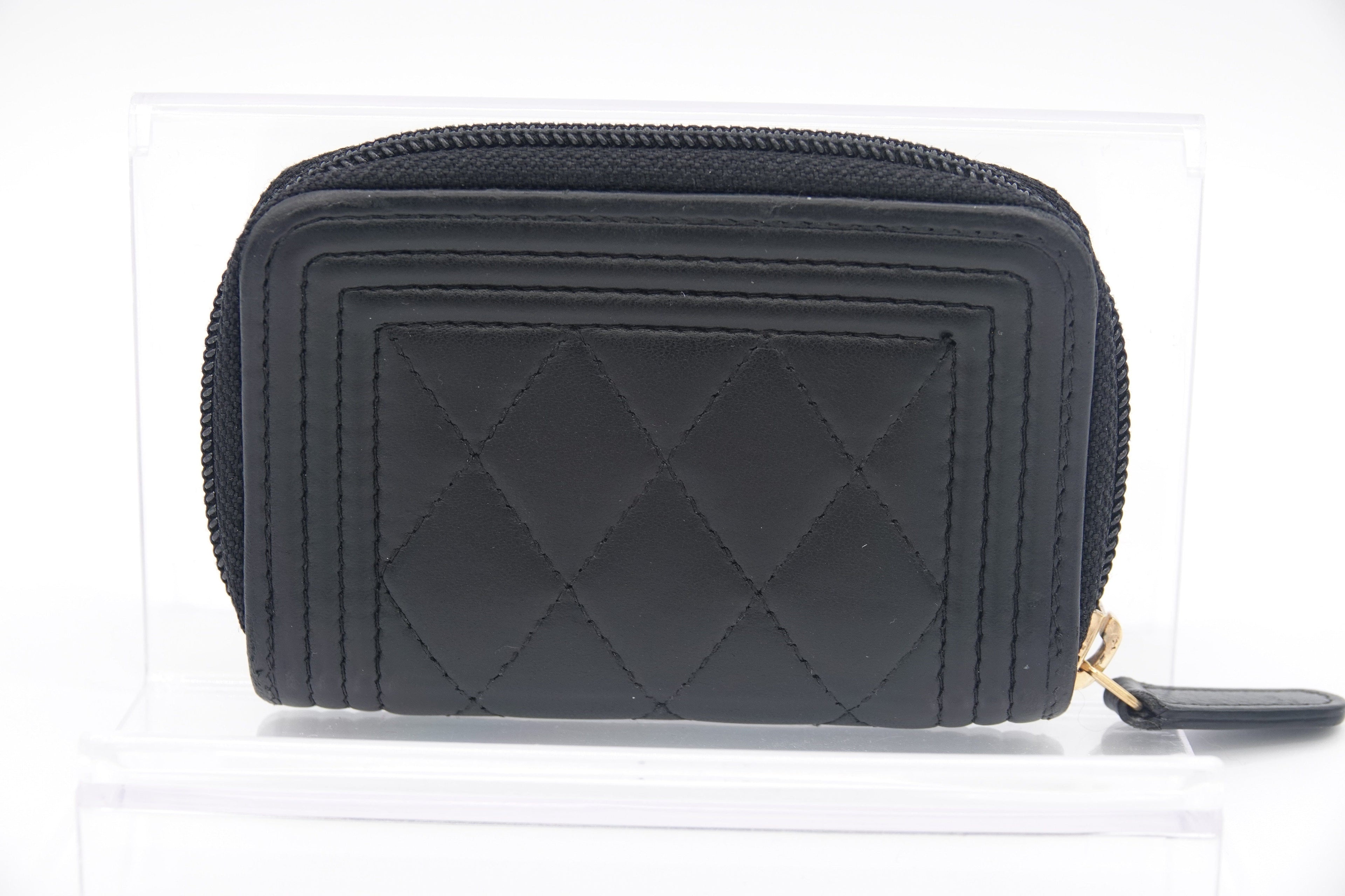 Chanel Boy Zip Around Coin Purse Wallet Lambskin Black