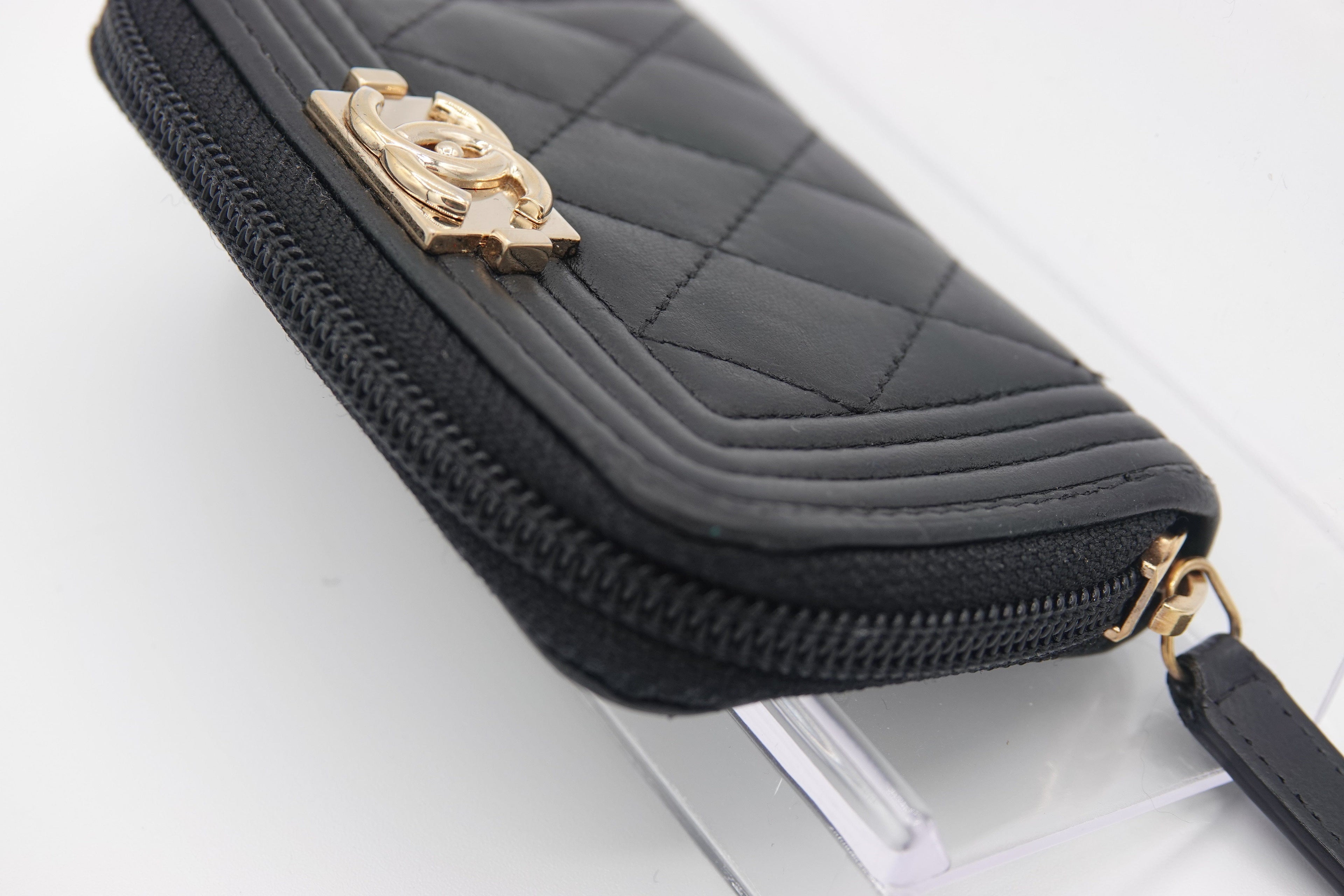 Chanel Boy Zip Around Coin Purse Wallet Lambskin Black