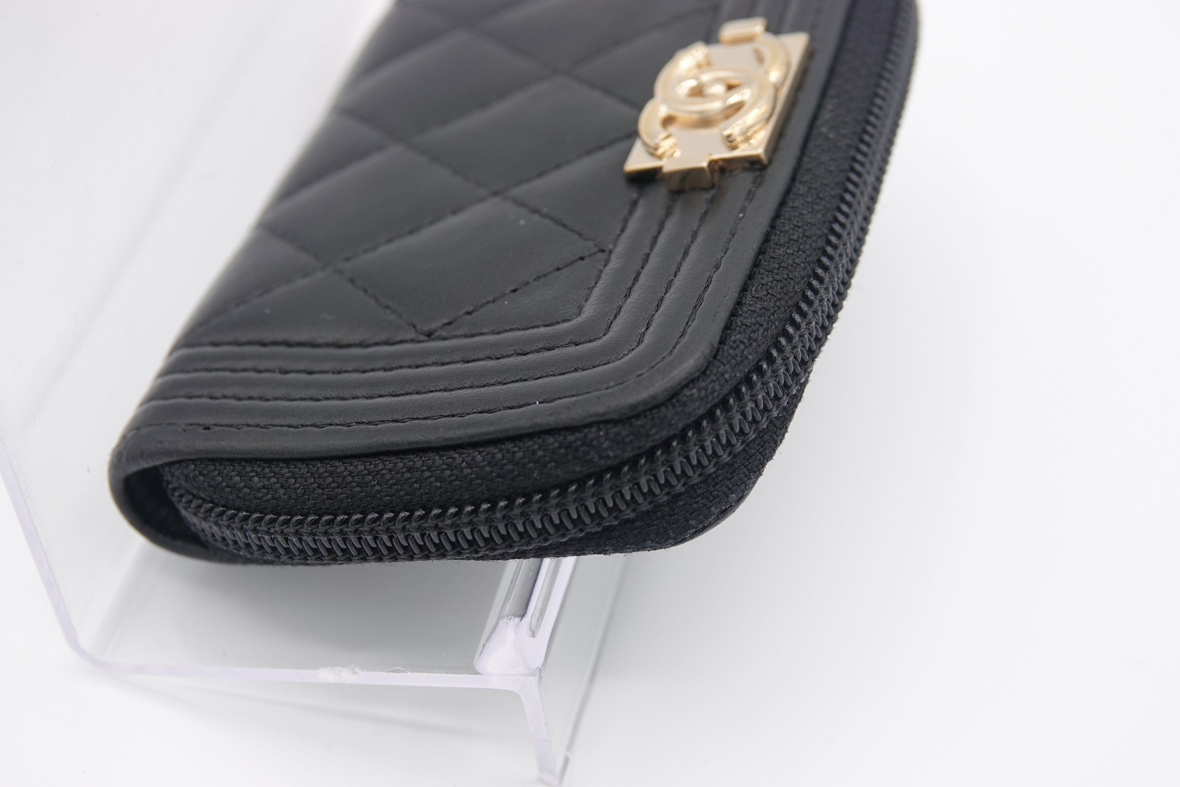 Chanel Boy Zip Around Coin Purse Wallet Lambskin Black