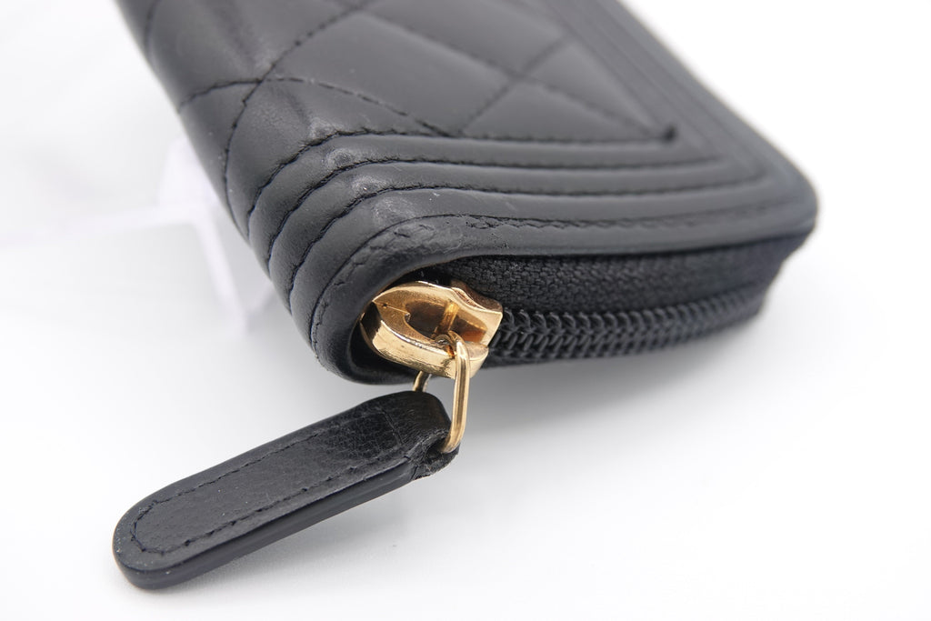 Chanel Boy Zip Around Coin Purse Wallet – Black Quilted Lambskin | Pre-Owned