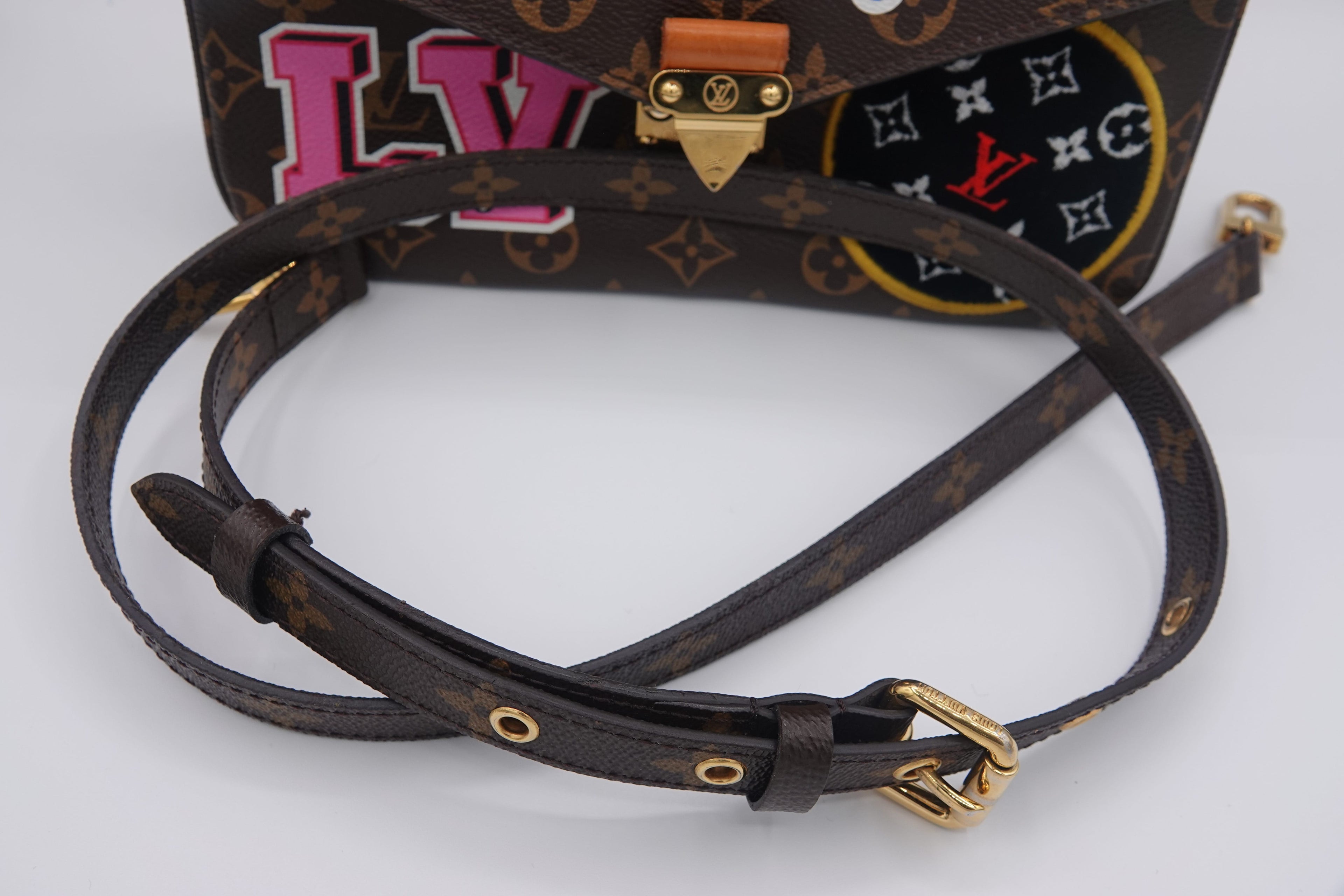 Louis Vuitton monogram strap with a smaller bag in the background