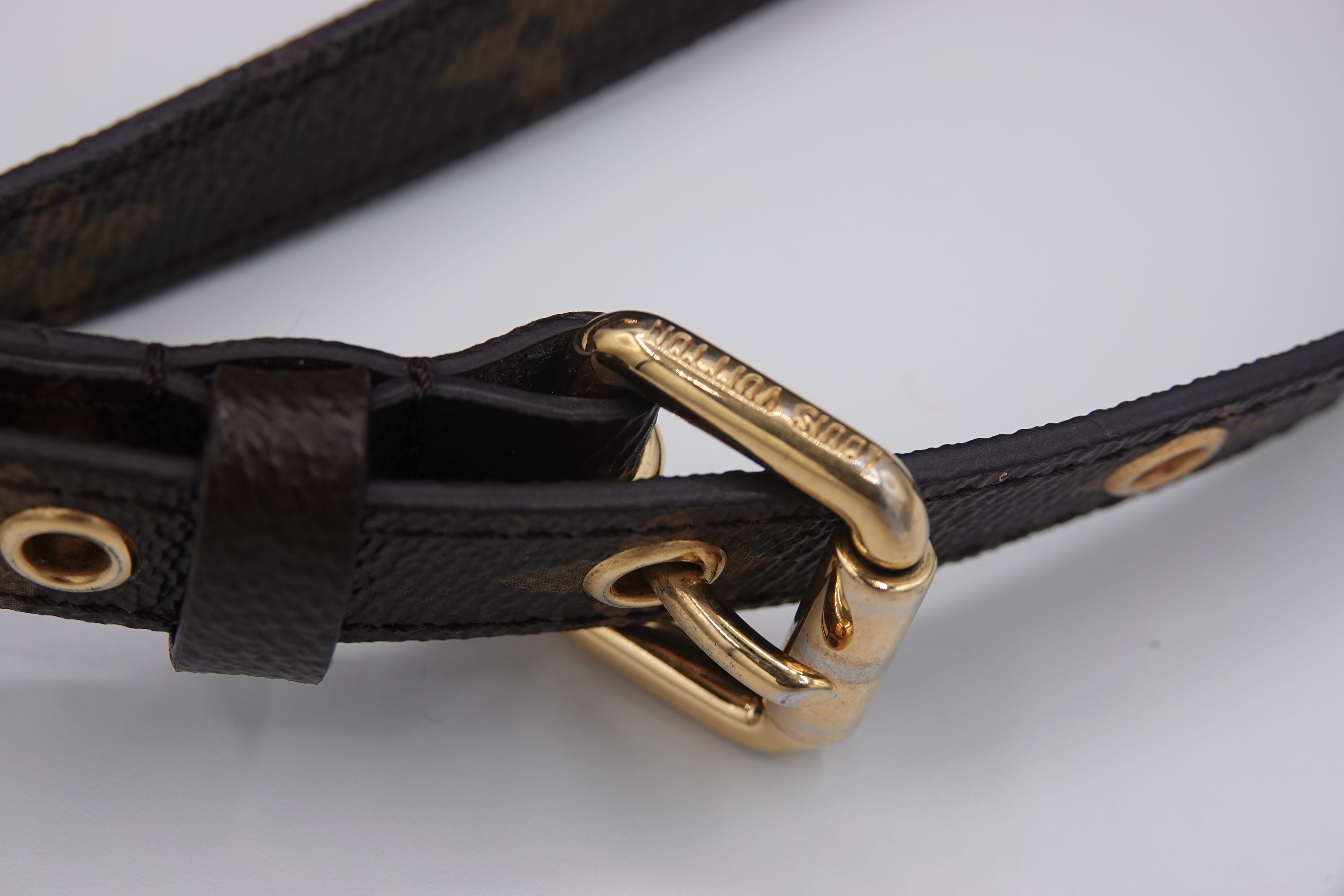Black leather belt with a gold buckle on a light gray background