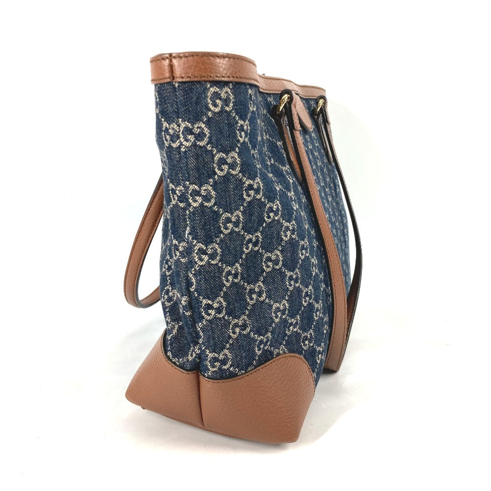 side Gucci New Denim GG Monogram Medium Ophidia Shopping Tote Blue Tea Cuir