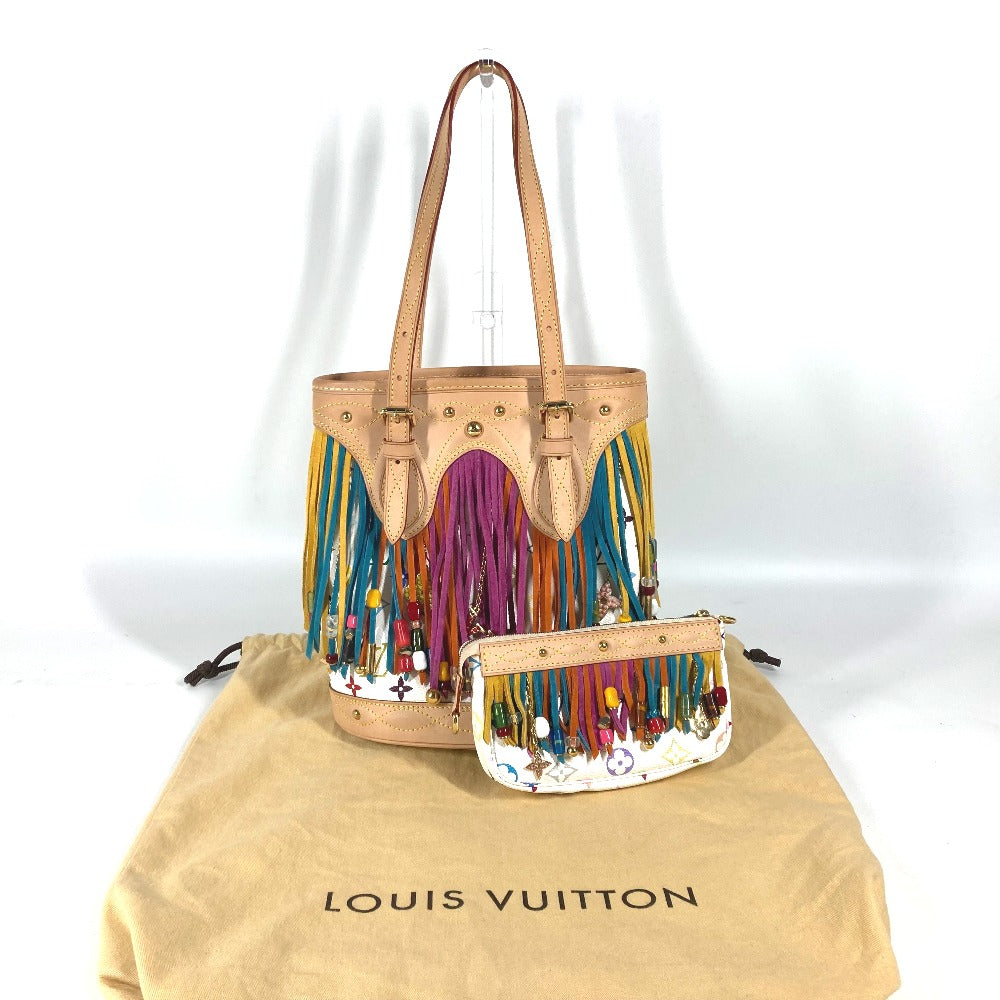 Louis Vuitton handbag with colorful fringe details on a white background