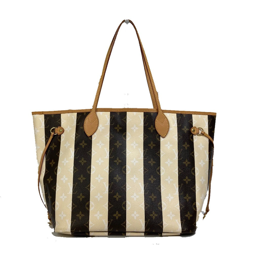 Designer handbag with black and beige striped pattern on a white background