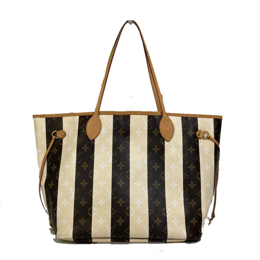 Designer handbag with black and beige striped pattern on a white background