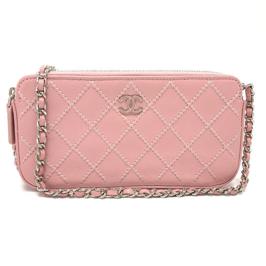 Chanel Lambskin Quilted Wildstitch Small Clutch w/Chain Pink
