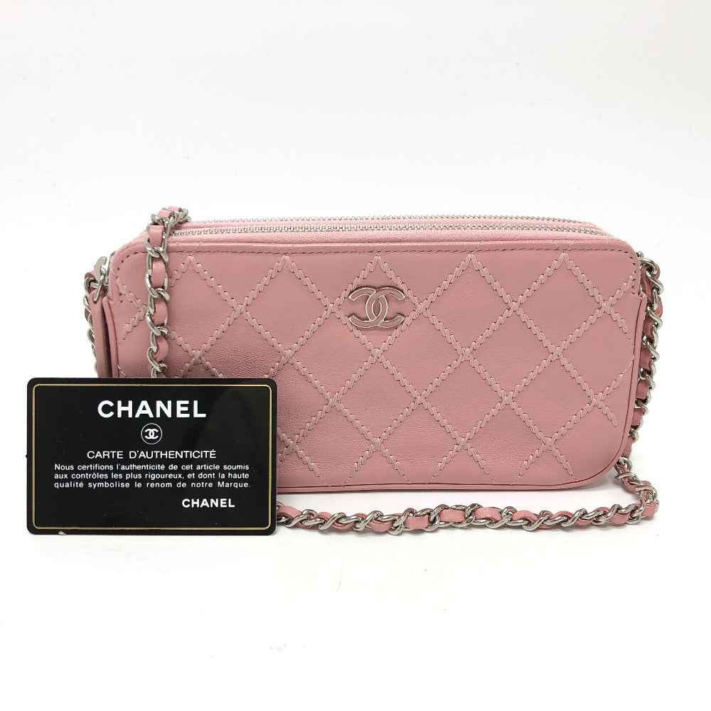 card Chanel Lambskin Quilted Wildstitch Small Clutch w/Chain Pink