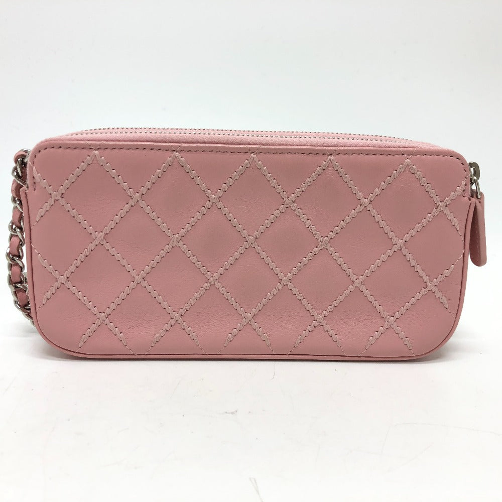 back Chanel Lambskin Quilted Wildstitch Small Clutch w/Chain Pink