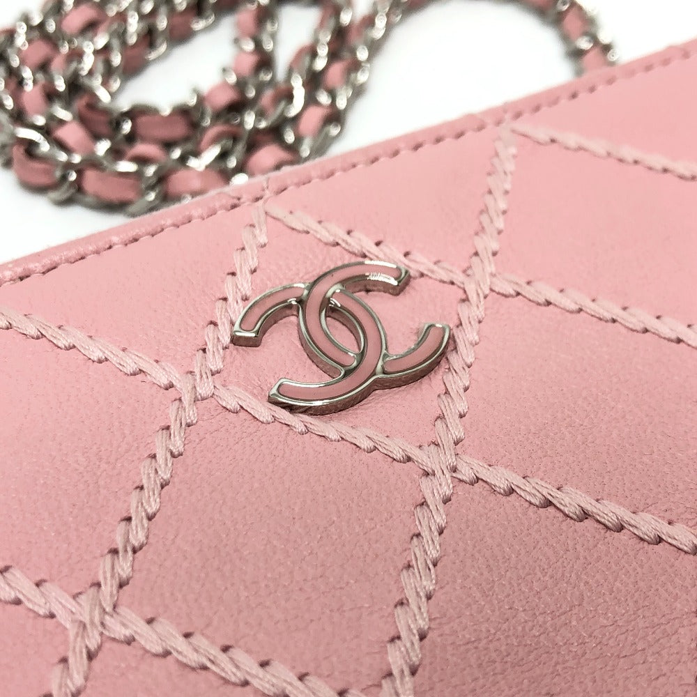 CC Chanel Lambskin Quilted Wildstitch Small Clutch w/Chain Pink