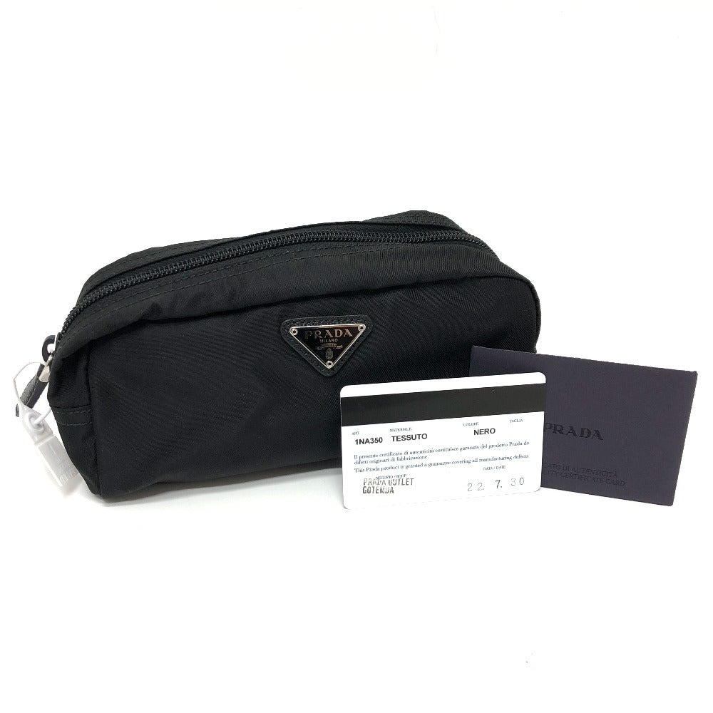 Black Prada pouch with a card and receipt on a white background