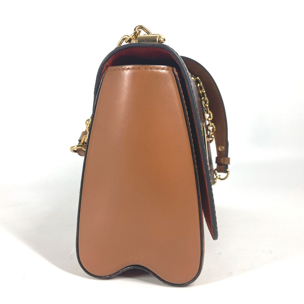 Brown leather handbag with gold chain strap on a white background