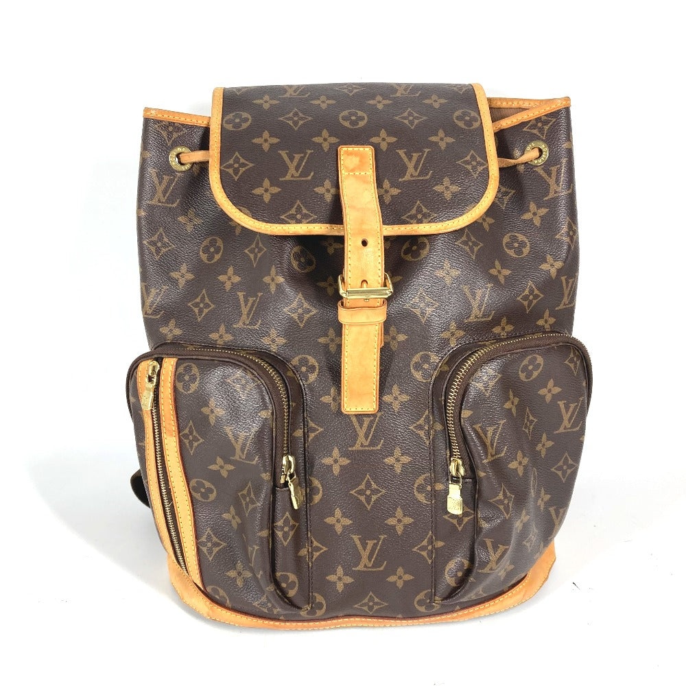 Brown monogram backpack with gold accents on a white background