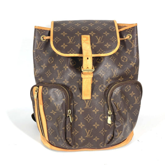 Brown monogram backpack with gold accents on a white background