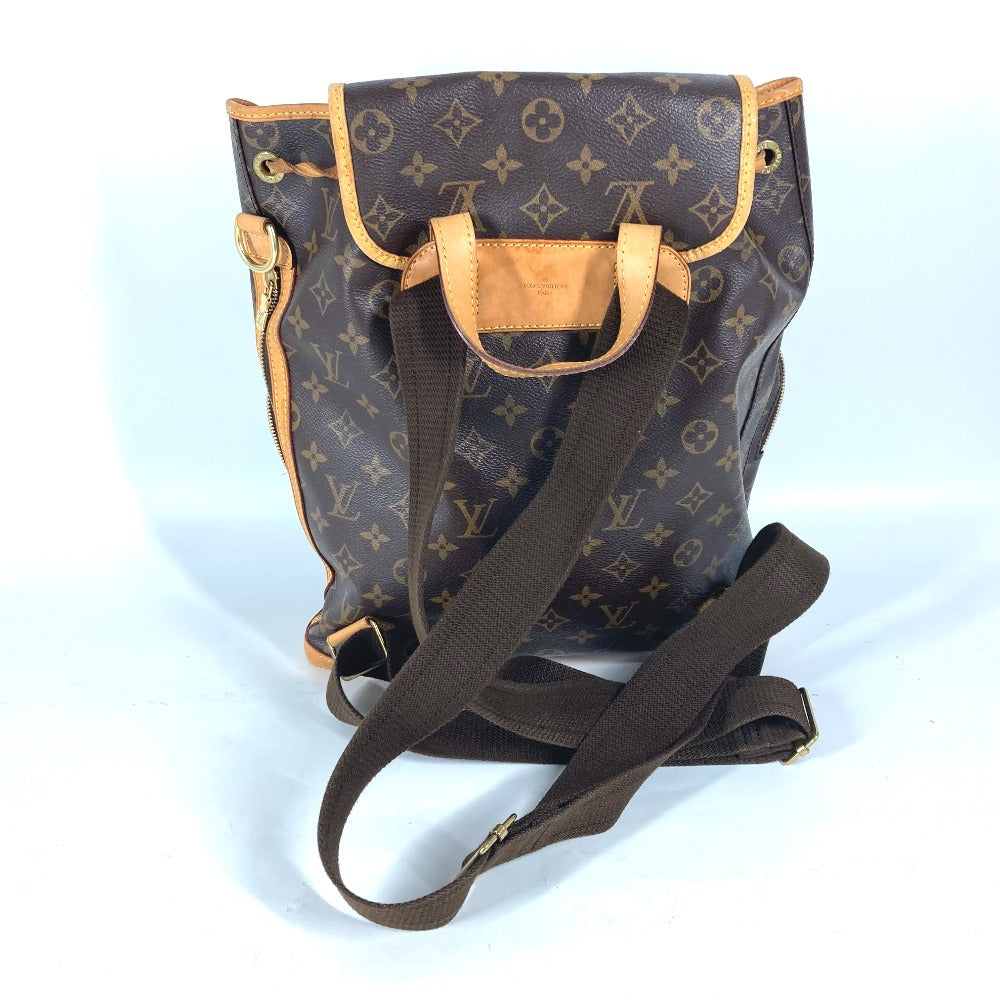 Brown monogram backpack with a shoulder strap on a light blue background