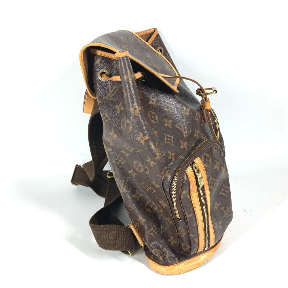 Brown monogram backpack with gold accents on a white background