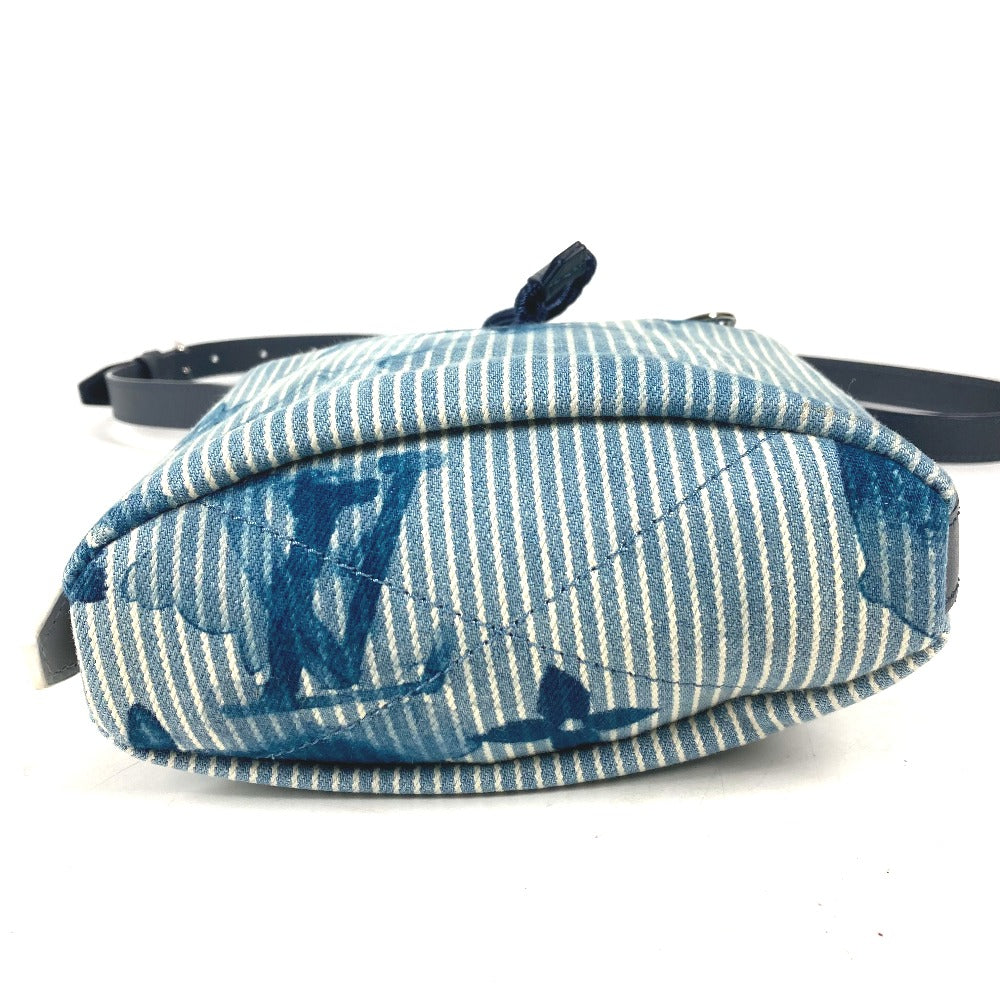 Blue and white striped waist bag with a visible brand logo on a white background