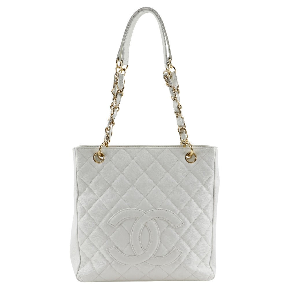 Chanel Quilted Caviar Leather Petit Shopping Tote White