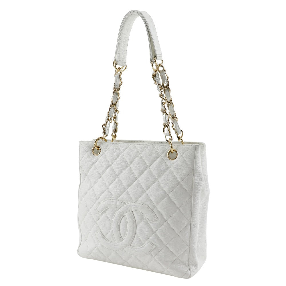 front Chanel Quilted Caviar Leather Petit Shopping Tote White