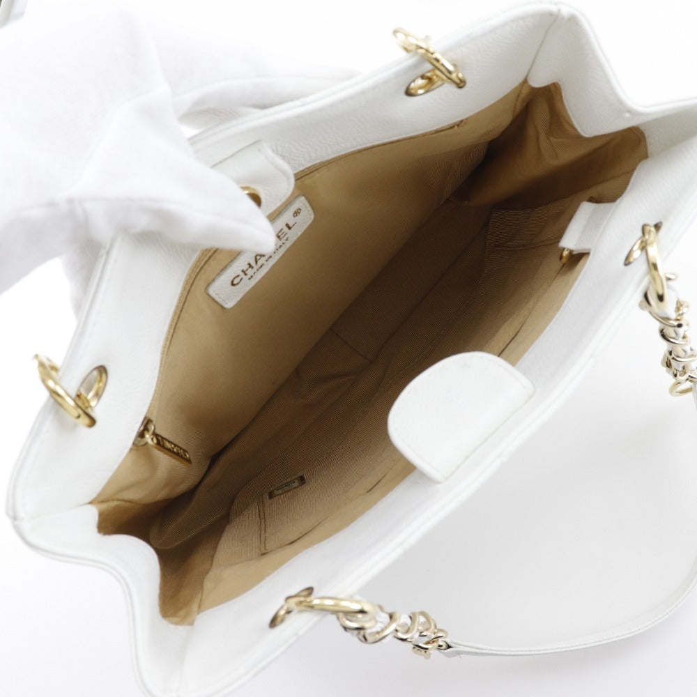 interior Chanel Quilted Caviar Leather Petit Shopping Tote White