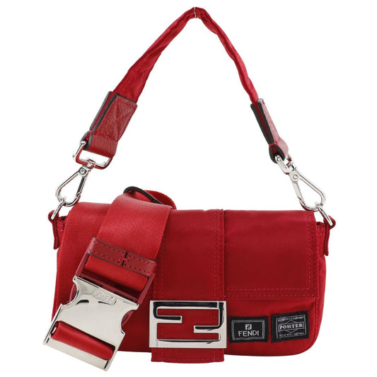 Red handbag with silver hardware and Fendi logo on a white background