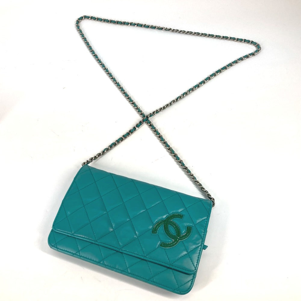 long strap front Chanel Quilted Leather Flap Wallet On Chain Clutch Bag Turquoise