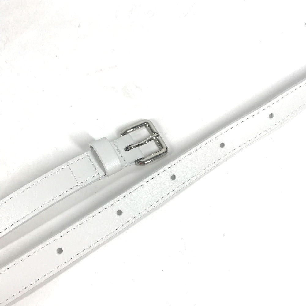 White leather belt with a silver buckle on a white background