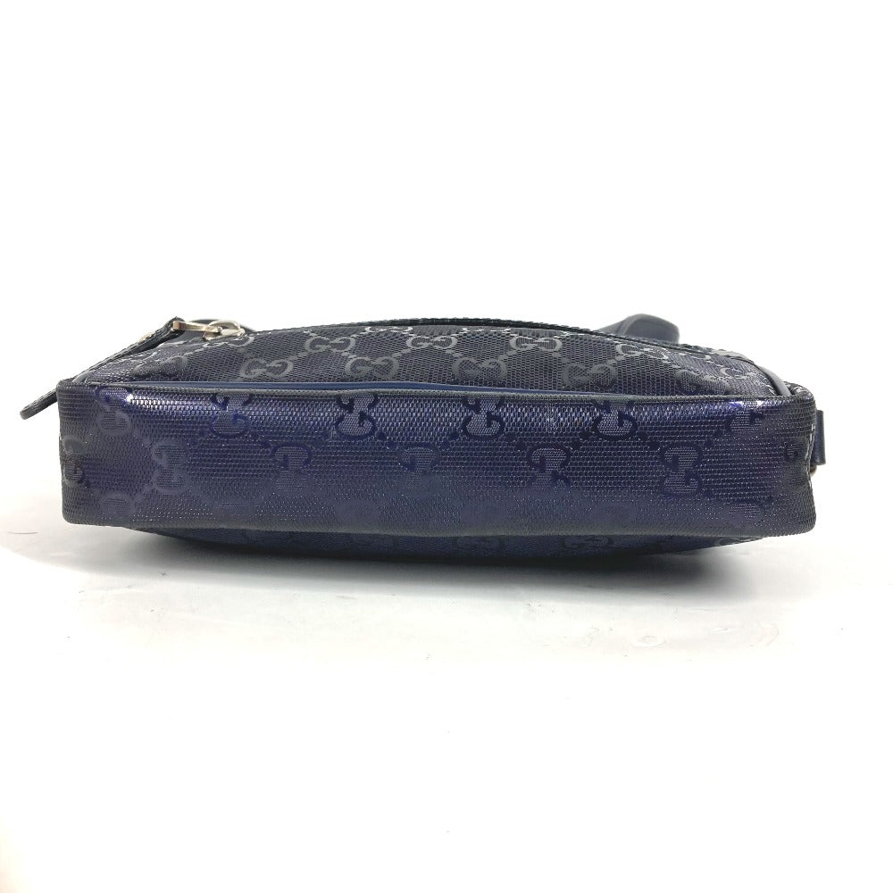 Blue textured pouch with a brand logo on a white background