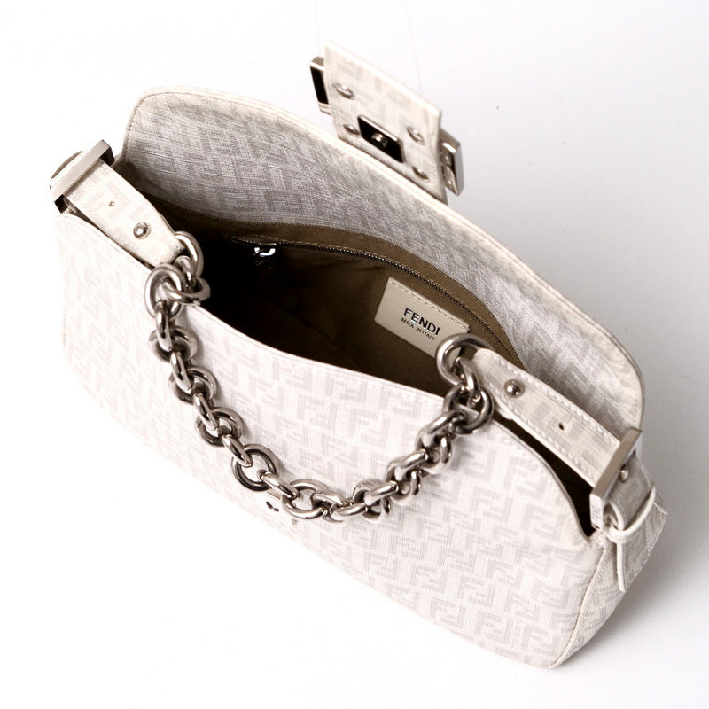 White handbag with chain detail and Fendi logo on a white background