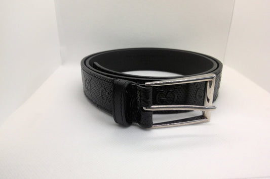 Pre-Loved Gucci Signature Logo Leather Belt Silver Square Hardware "Sold Out"