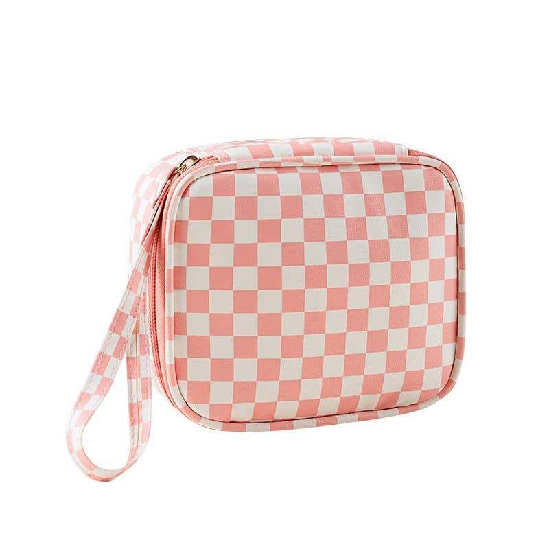 Pink and white checkered pouch with a strap on a white background