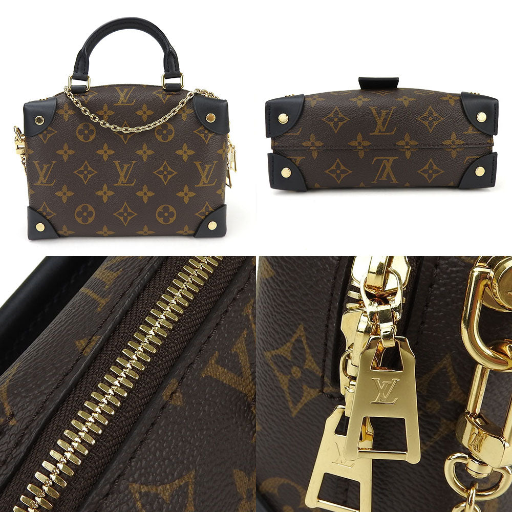 Brown handbag with gold accents and monogram pattern on a white background