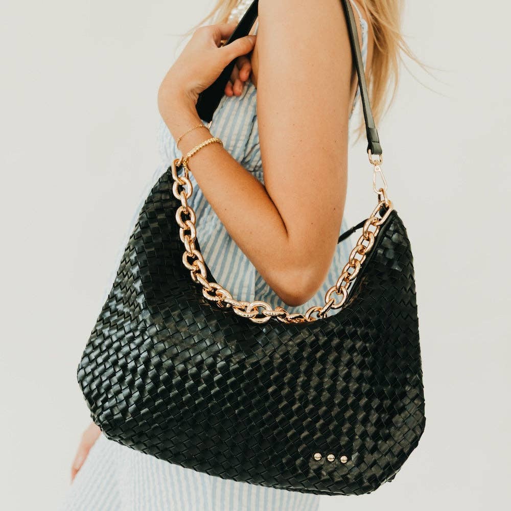 Sienna Slouchy Woven Shoulder Bag – Chain Detail | Boutique | New: Checkered Tan