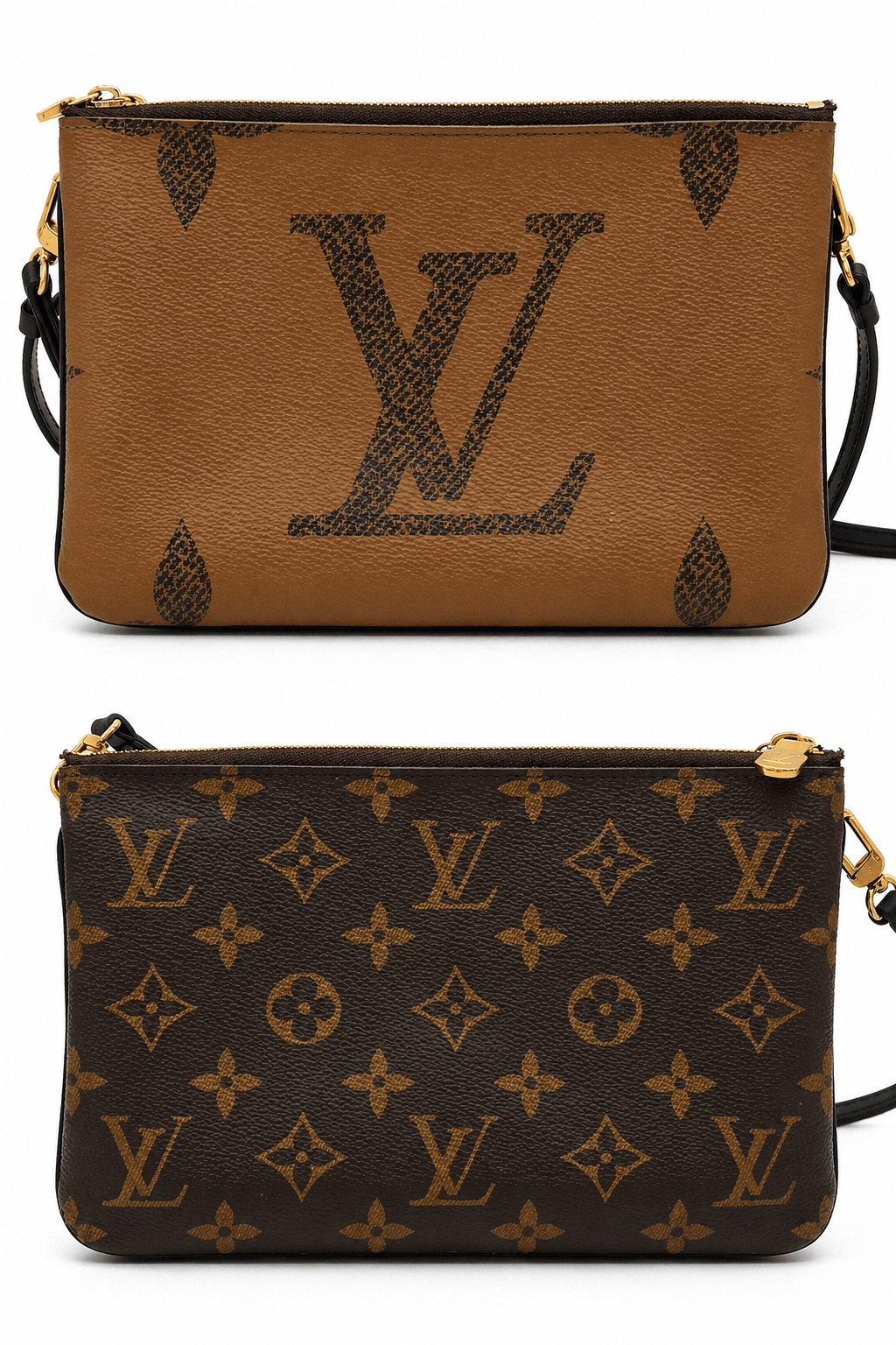 Two brown handbags with monogram pattern on a white background