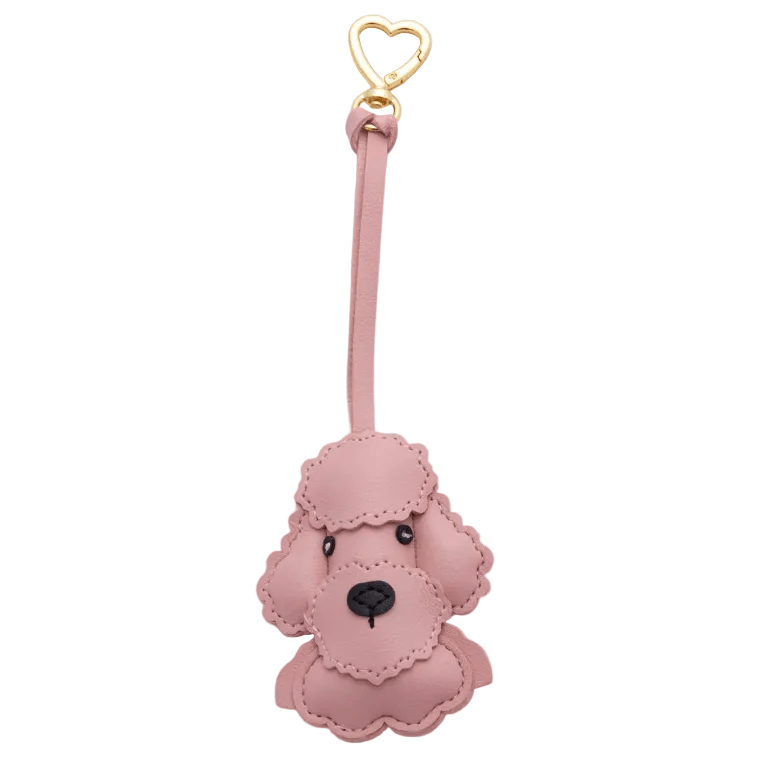 Pink Poodle Dog Bag Charm – Gold Heart Clip | Faux Leather | Keychain & Purse Accessory