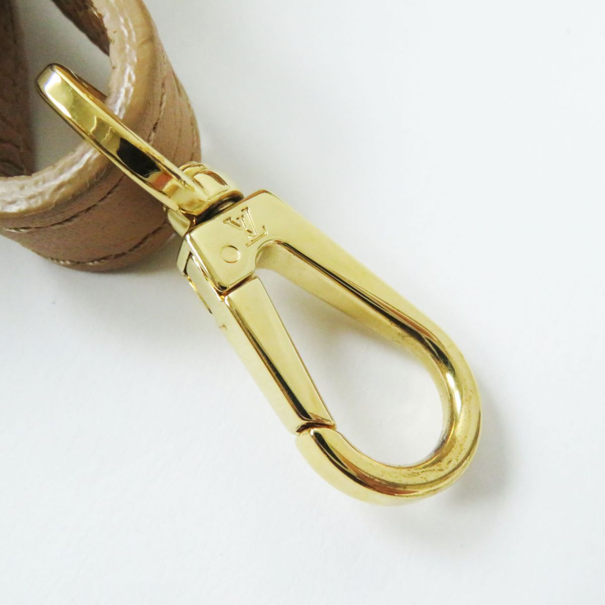 Gold metal clasp on a leather strap against a white background