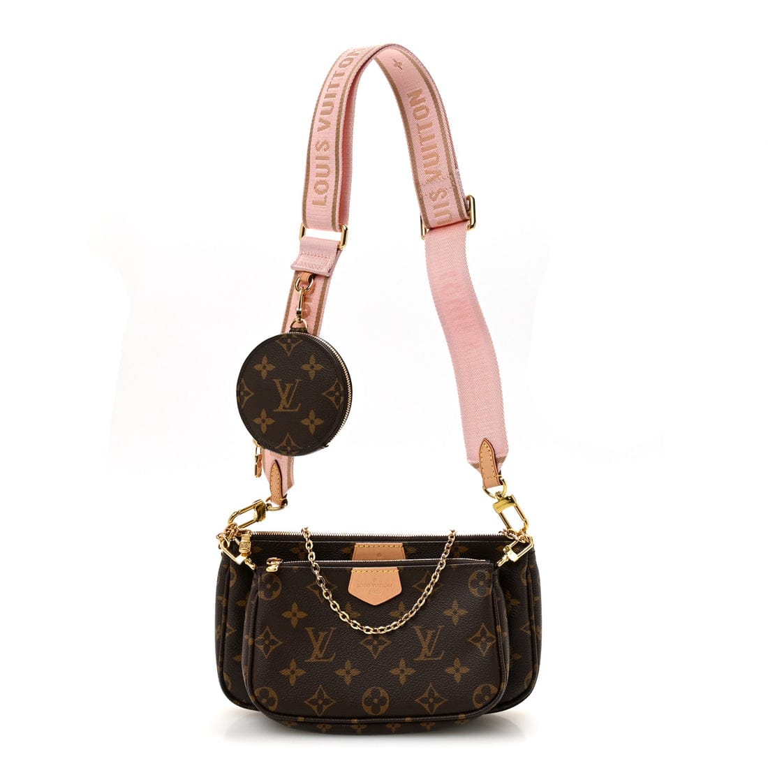 Louis Vuitton handbag with pink strap on a white background
