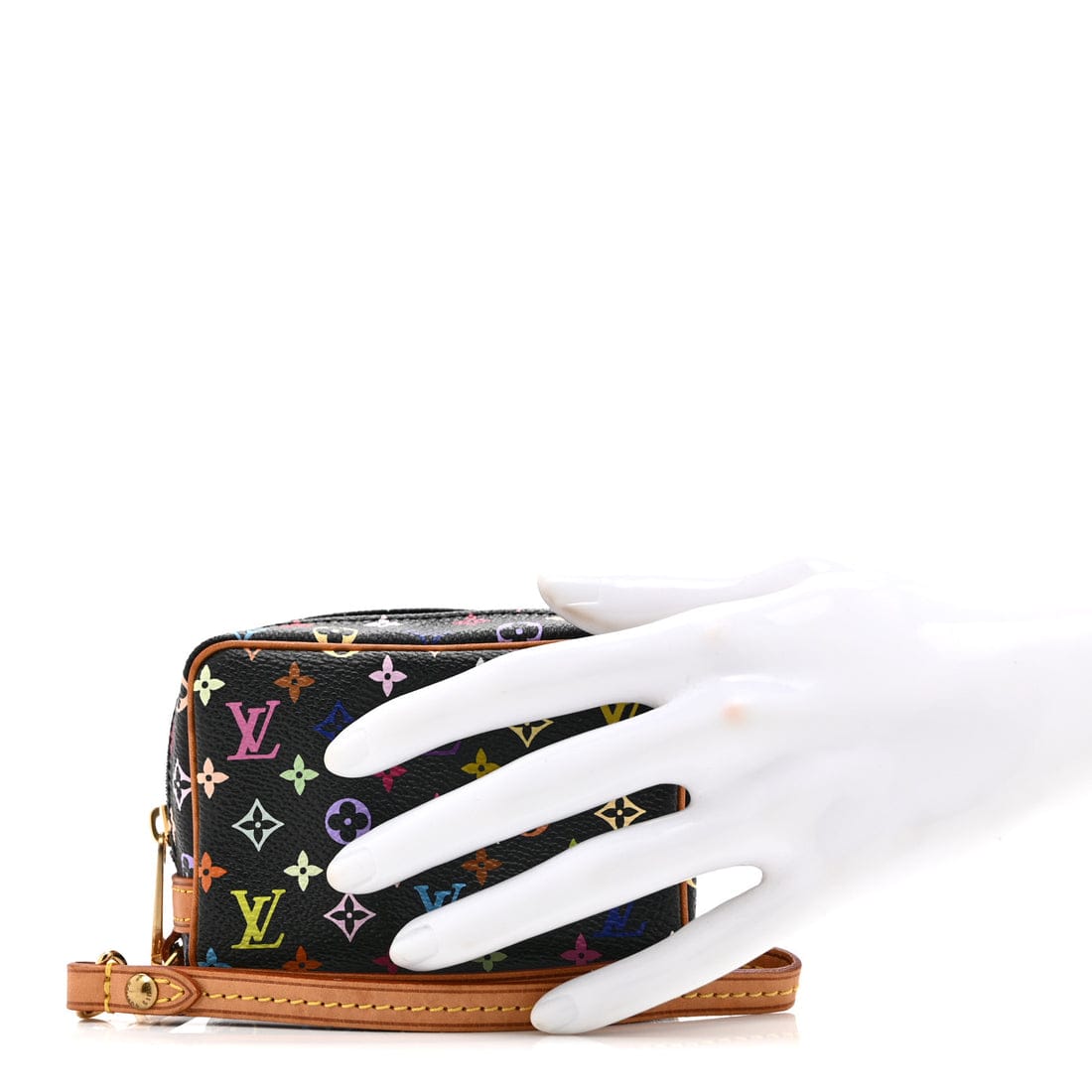 Black wallet with colorful logo pattern held by a white gloved hand on a white background