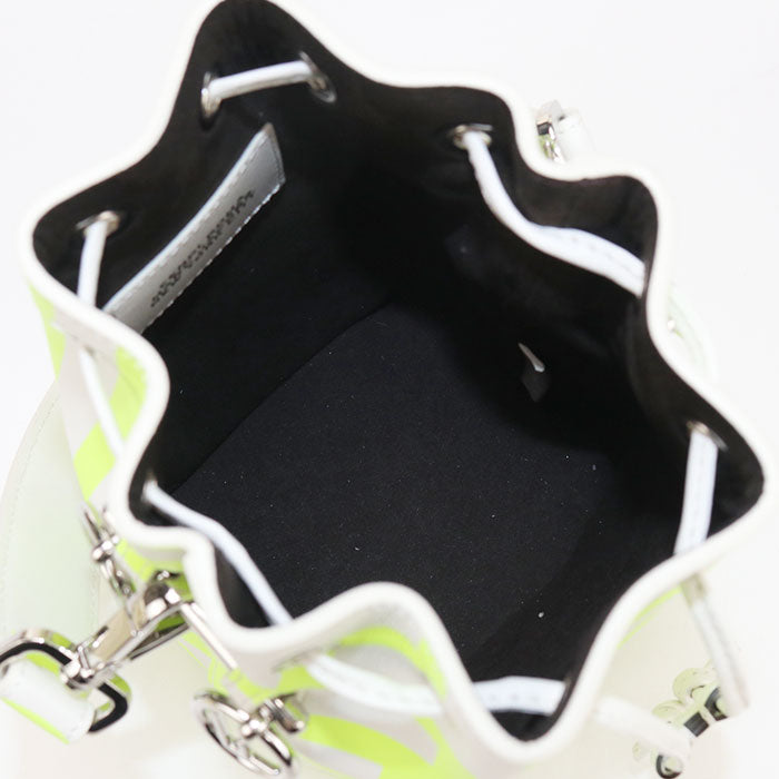 Close-up of a drawstring bag with a brand label on a white background